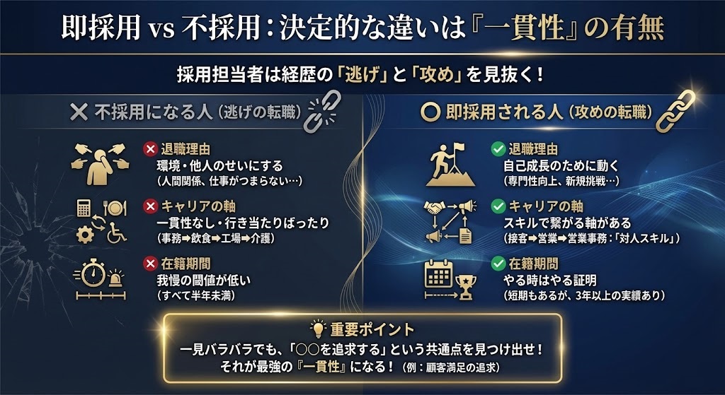 「即採用」される人と「不採用」になる人の決定的な違いは「一貫性」の有無のイメージ図解