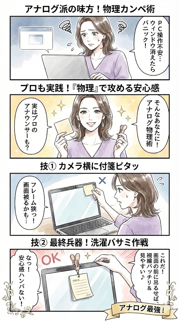 アナログ派におすすめ！「カメラ目線クリップ」や「付箋」の物理的活用法のオリジナルイメージ漫画