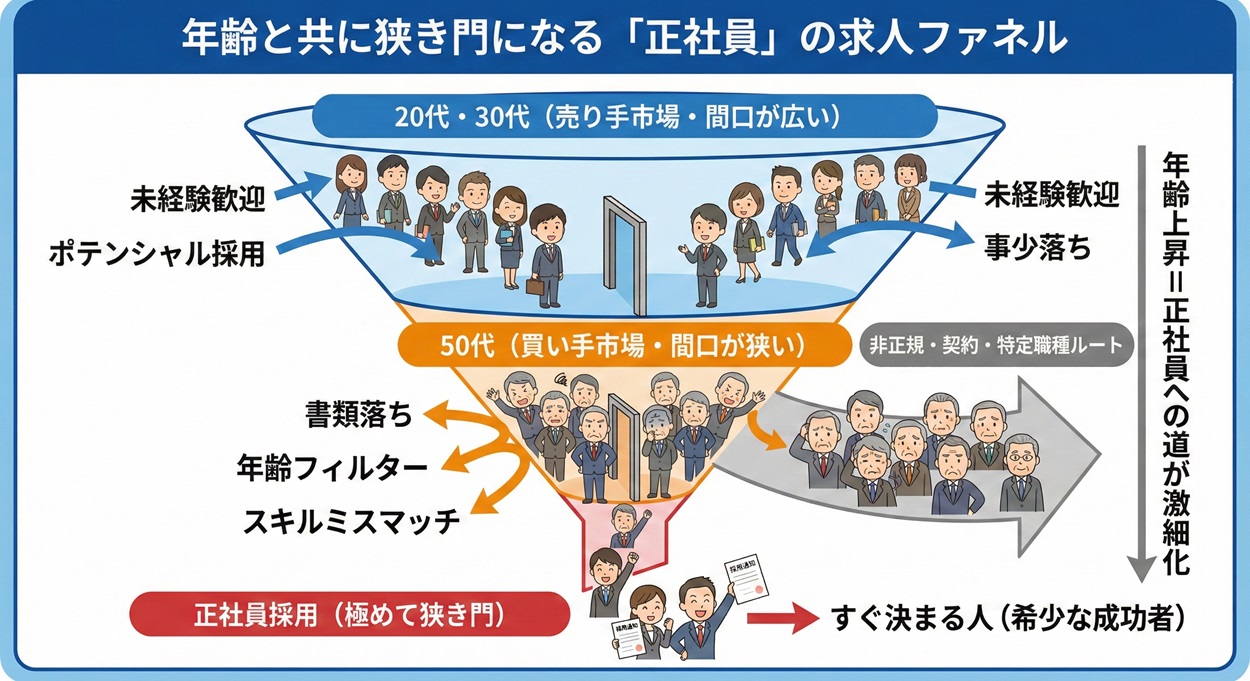 年齢と共に狭き門になる「正社員」の求人ファネル