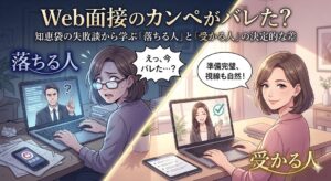 Web面接のカンペがバレた？知恵袋の失敗談から学ぶ「落ちる人」と「受かる人」の決定的な差のイメージ図