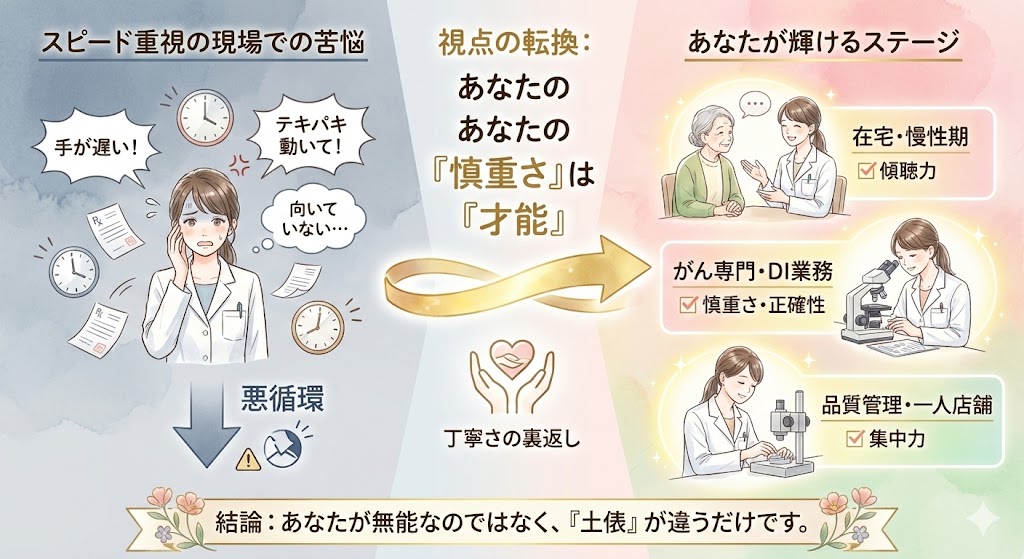 「私、薬剤師に向いていないのかな…」と自信を喪失する典型的なパターンのイメージイラスト