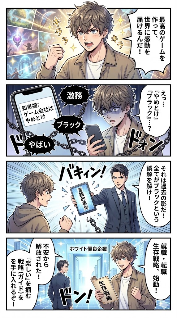 ゲーム会社はやめとけと知恵袋で言われる本当の理由。ブラックな評判の実態と楽しい優良企業への就職ガイドのオリジナル4コマ