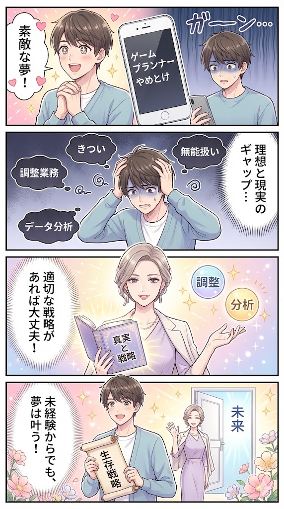 未経験からゲームプランナーになるための具体的な就職・転職の生存戦略のオリジナル4コマ