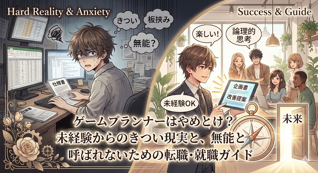 ゲームプランナーはやめとけ?未経験からのきつい現実と、無能と呼ばれないための転職・就職ガイドのイメージイラスト