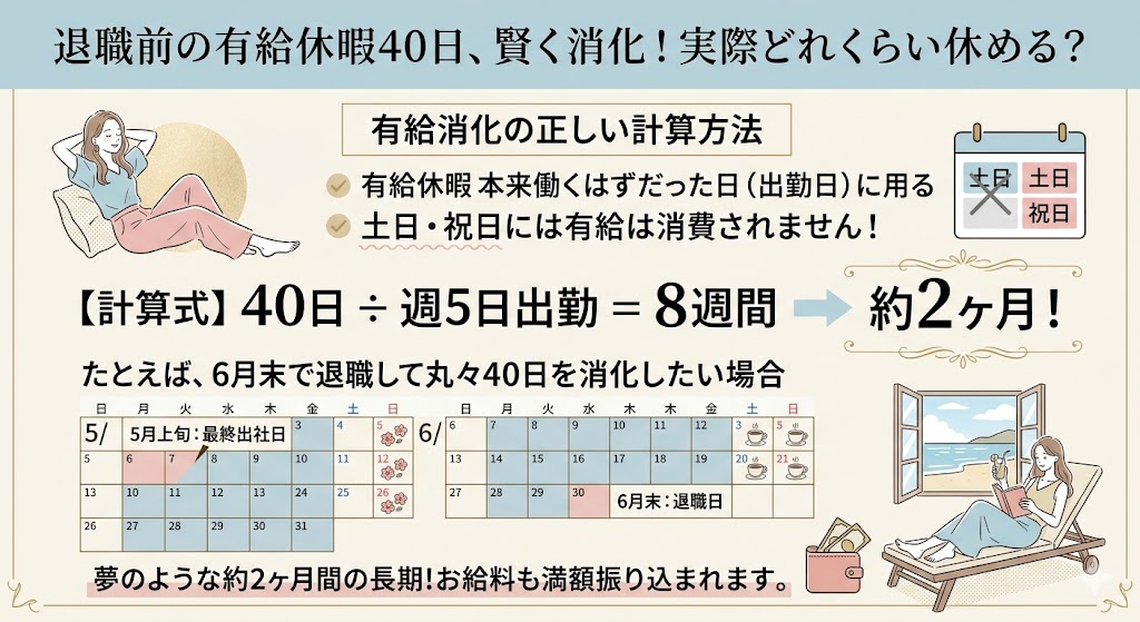 退職時に有給消化40日は「約2ヶ月」の休み!カレンダーの「土日」はどう計算される?の図解