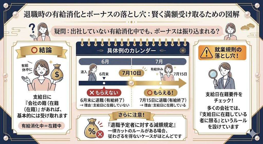 退職の有給消化40日中に「ボーナス」の支給日は来る?の図解